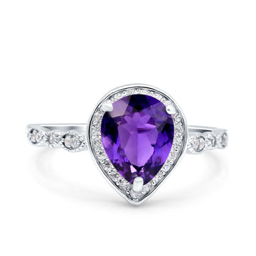Teardrop Pear Art Deco Wedding Ring Simulated Amethyst CZ 925 Sterling Silver